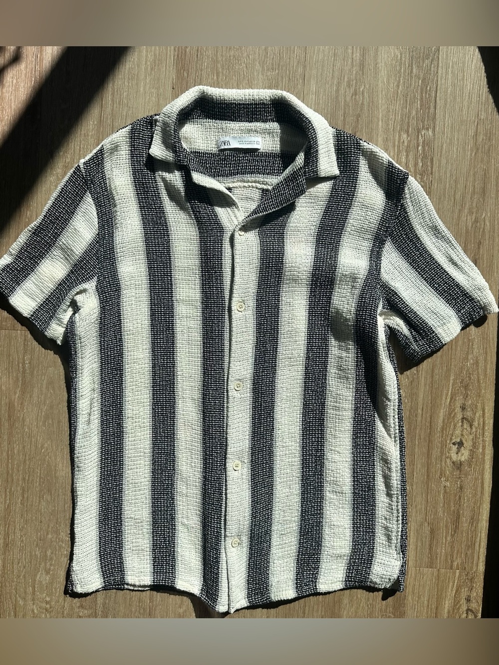 ZARA | LINEN BLEND | SHORT SLEEVE VERTICAL STRIPE KNIT BUTTON DOWN | SIZE S